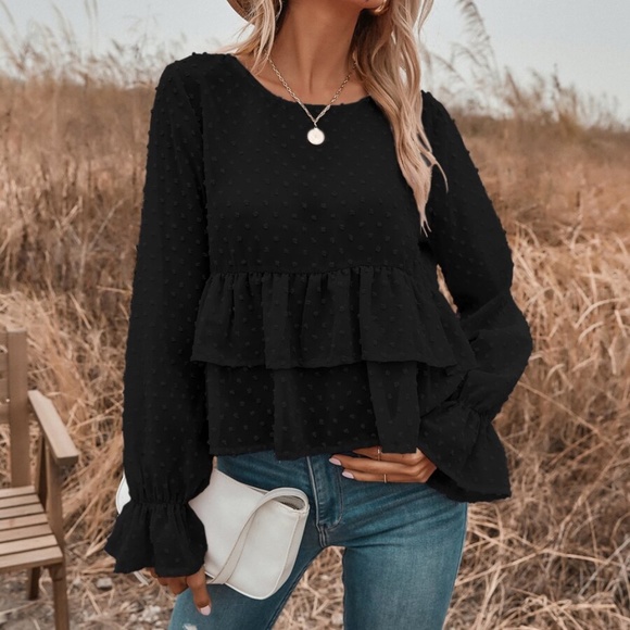 blue swiss dot ruffle babydoll long sleeve top - Picture 10 of 13